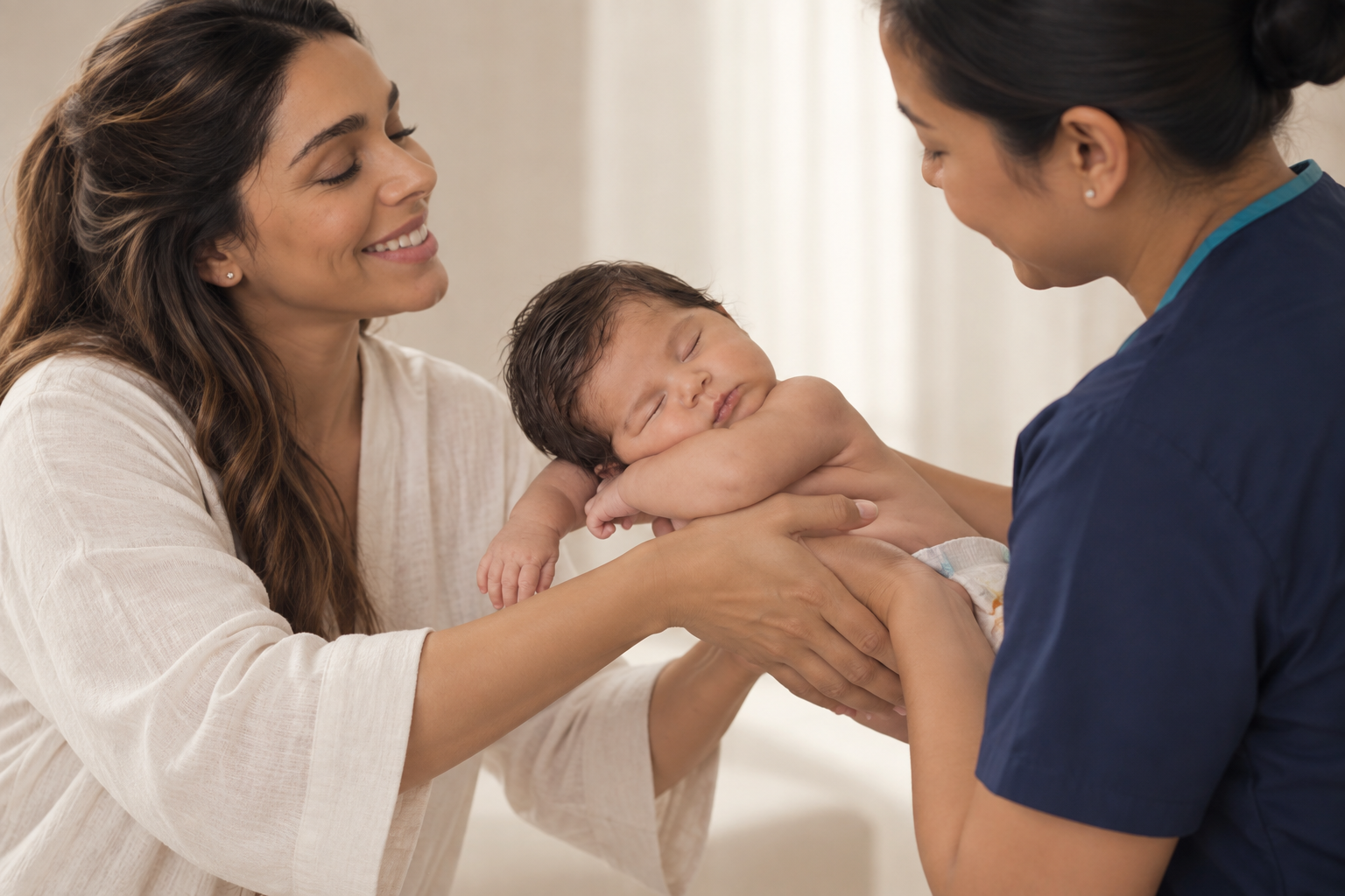 A smiling mother and a Care Connect nurse gently cradling a sleeping newborn together