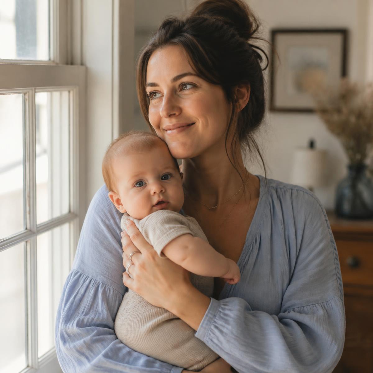 Mother holding her baby beside a sunlit window